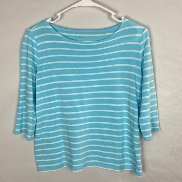 EUC Talbots Bateau Neck Blue and White Striped 3/4 Sleeve Sweater -Size SP - Picture 1 of 5